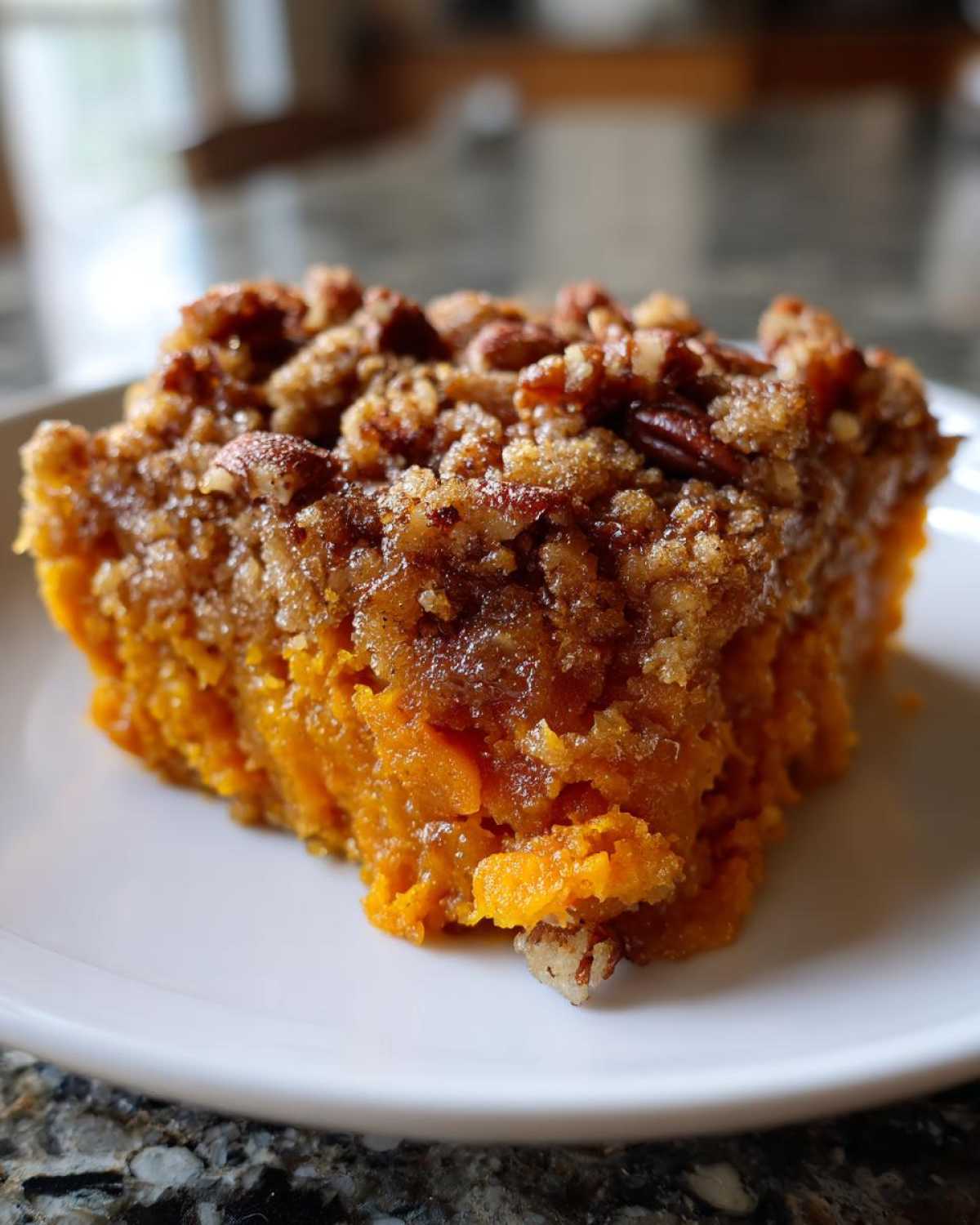 A close-up of a square serving of rich, orange crockpot sweet potato casserole topped with a brown sugar and pecan crumble.