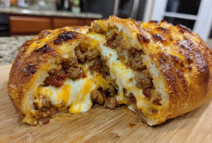 Close-up of a cross-section of baked garbage bread overflowing with melted cheese and seasoned ground meat.