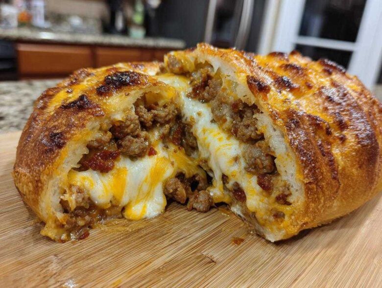 Close-up of a cross-section of baked garbage bread overflowing with melted cheese and seasoned ground meat.