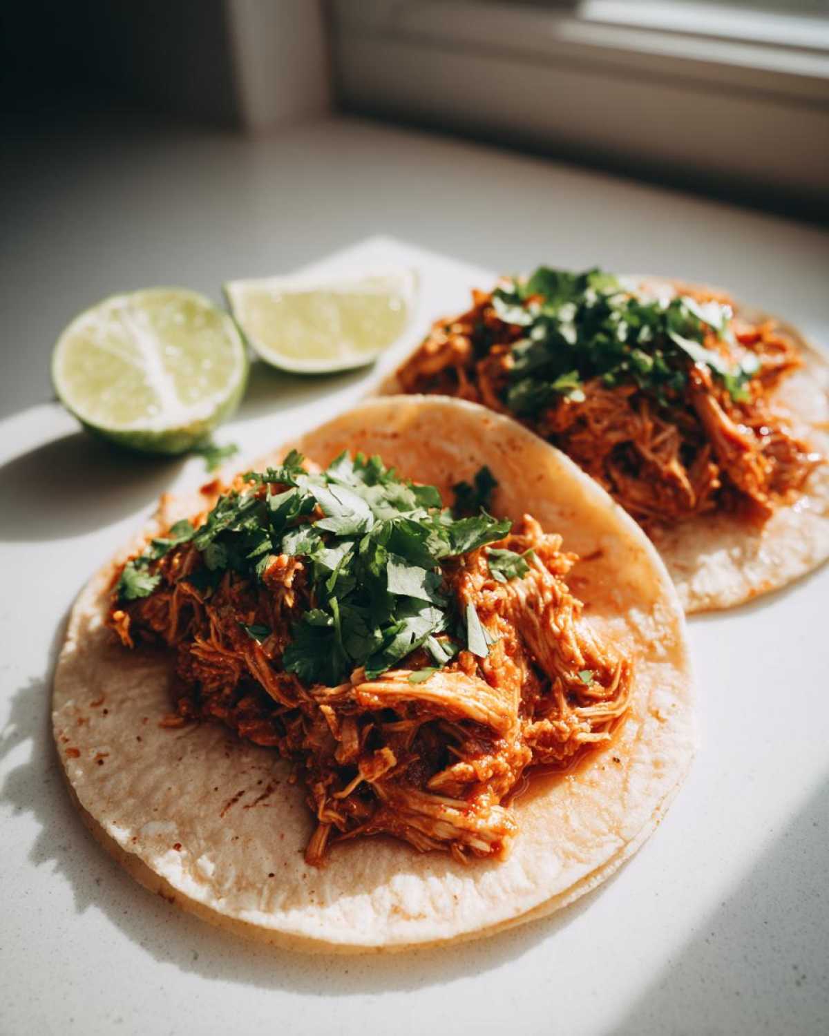 Two corn tortillas filled with shredded, saucy chicken tacos, topped with fresh cilantro and lime wedges nearby.