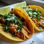 Close-up of two soft corn tortillas filled with shredded chicken, topped with diced onion and cilantro, served with lime wedges for easy chicken tacos.