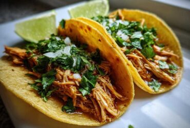 Close-up of two soft corn tortillas filled with shredded chicken, topped with diced onion and cilantro, served with lime wedges for easy chicken tacos.