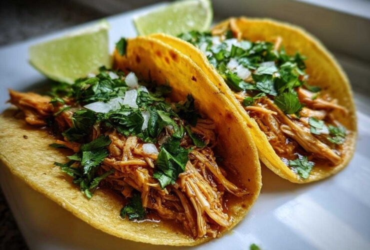 Close-up of two soft corn tortillas filled with shredded chicken, topped with diced onion and cilantro, served with lime wedges for easy chicken tacos.