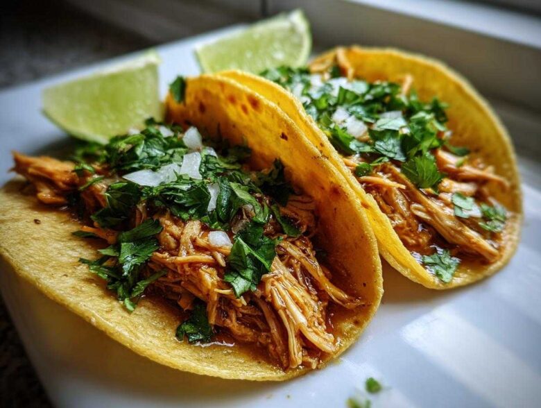 Close-up of two soft corn tortillas filled with shredded chicken, topped with diced onion and cilantro, served with lime wedges for easy chicken tacos.