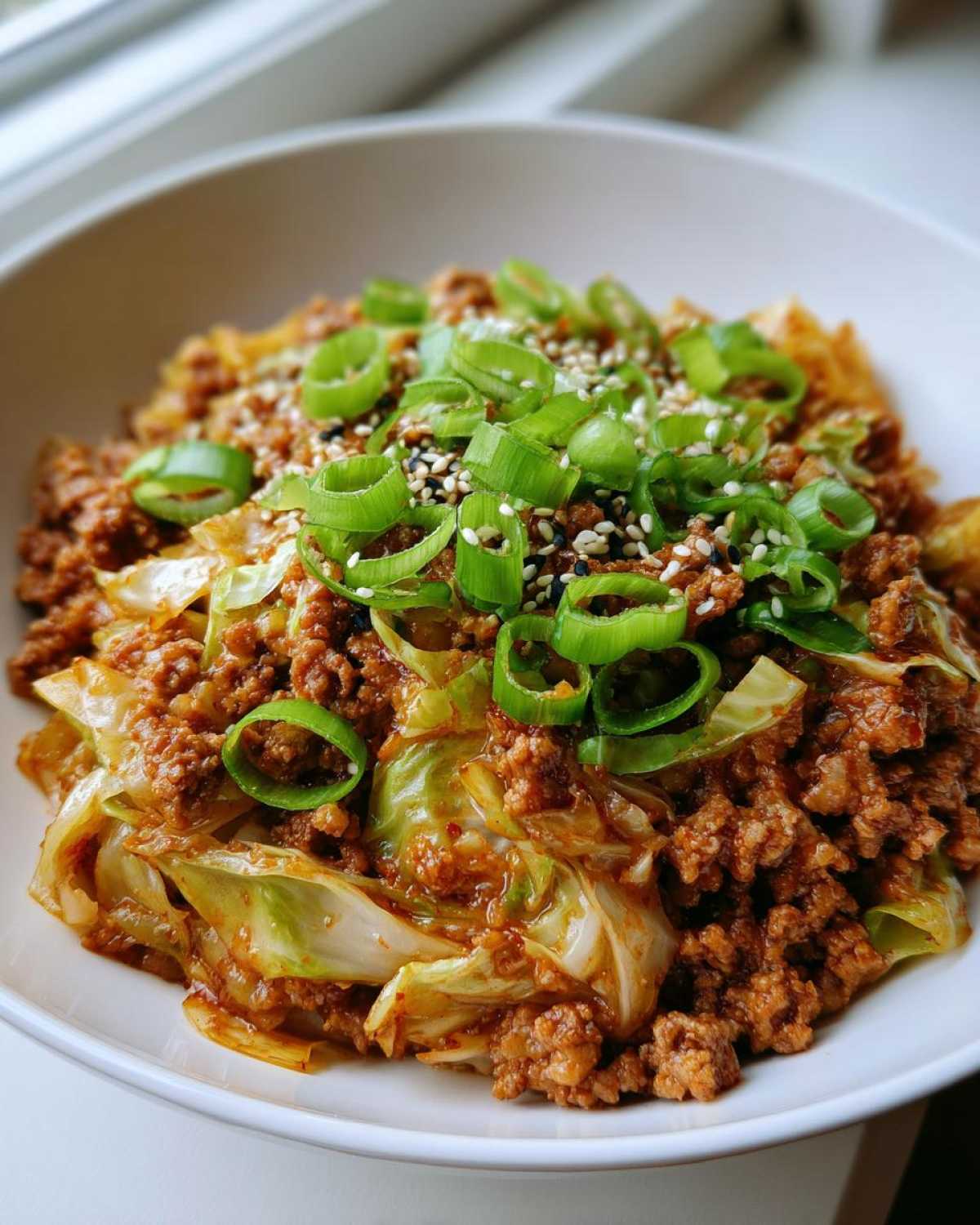 A close-up of a white bowl filled with savory egg roll in a bowl mixture, topped with green onions and sesame seeds.