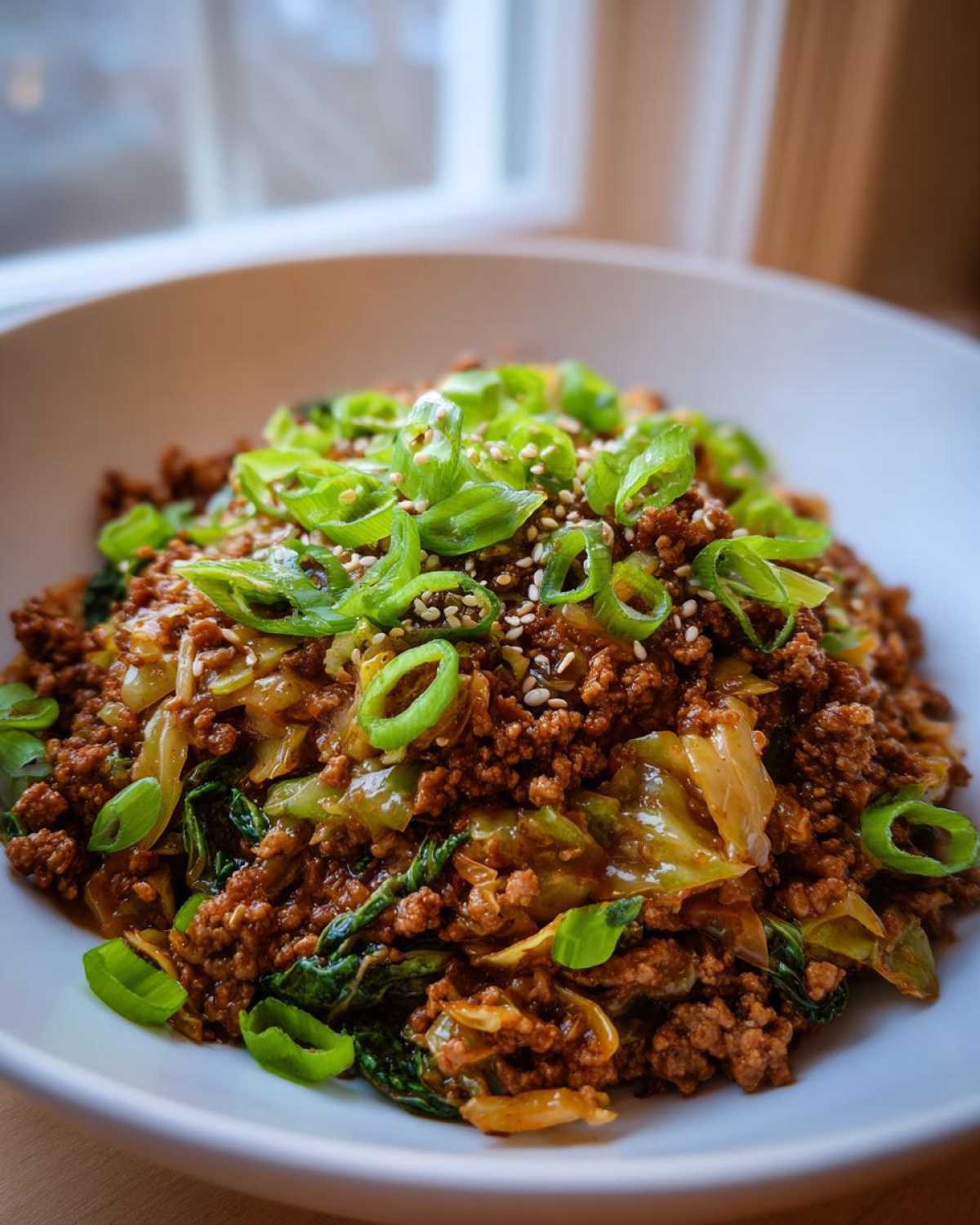A close-up of a hearty serving of egg roll in a bowl, featuring ground meat, cabbage, and topped with fresh green onions and sesame seeds.