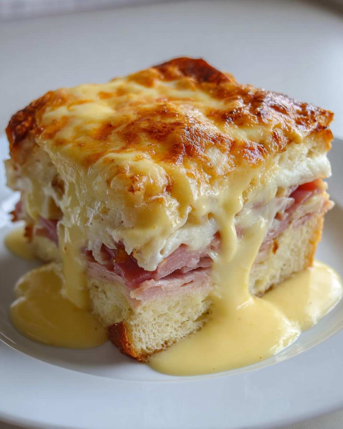 A square serving of baked eggs benedict casserole topped with melted cheese and rich hollandaise sauce dripping down the sides.