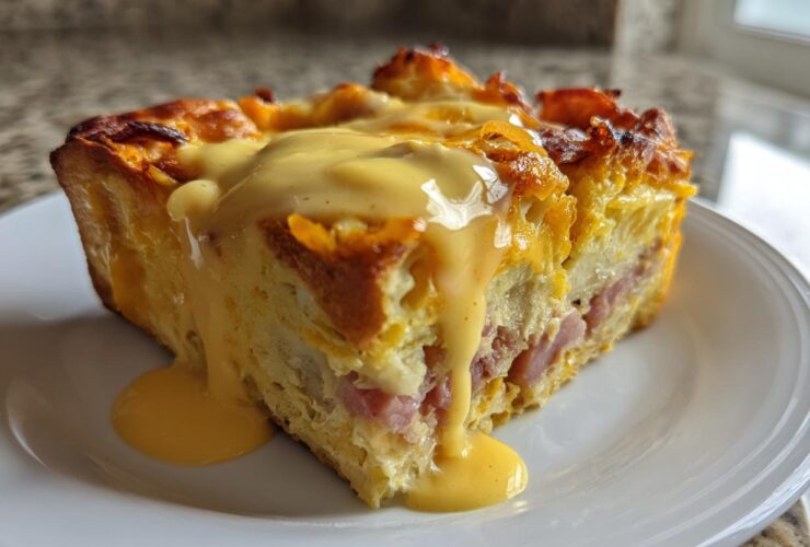 A close-up of a slice of baked eggs benedict casserole topped with rich, dripping hollandaise sauce.