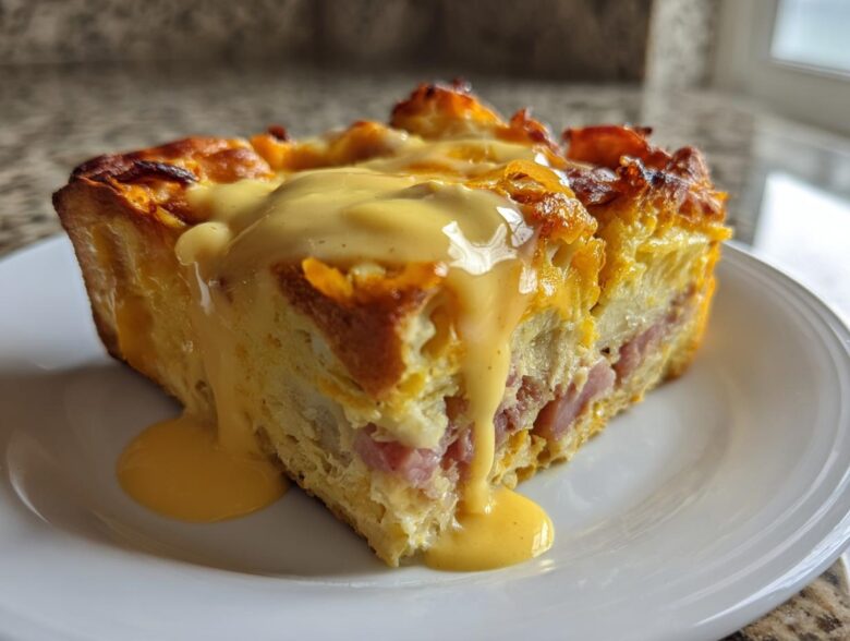 A close-up of a slice of baked eggs benedict casserole topped with rich, dripping hollandaise sauce.