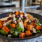 Close-up of a vibrant fall harvest salad featuring roasted butternut squash, apple slices, feta cheese, and cranberries.