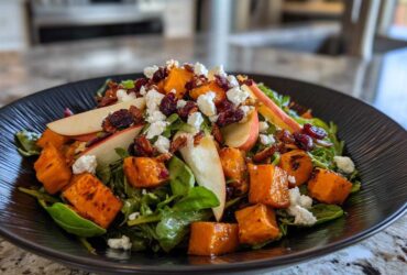 Close-up of a vibrant fall harvest salad featuring roasted butternut squash, apple slices, feta cheese, and cranberries.