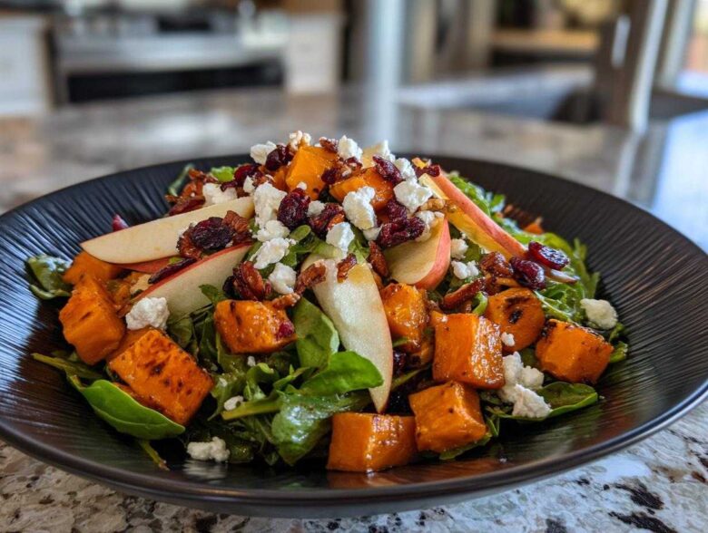 Close-up of a vibrant fall harvest salad featuring roasted butternut squash, apple slices, feta cheese, and cranberries.