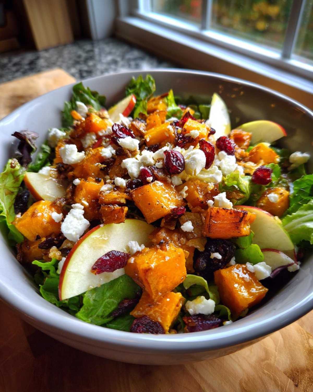 A vibrant bowl of fall harvest salad featuring roasted butternut squash, apple slices, dried cranberries, and feta cheese over greens.