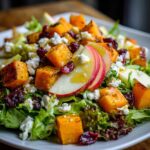 Close-up of a vibrant fall harvest salad featuring roasted butternut squash, apple slices, feta cheese, and dried cranberries on mixed greens.