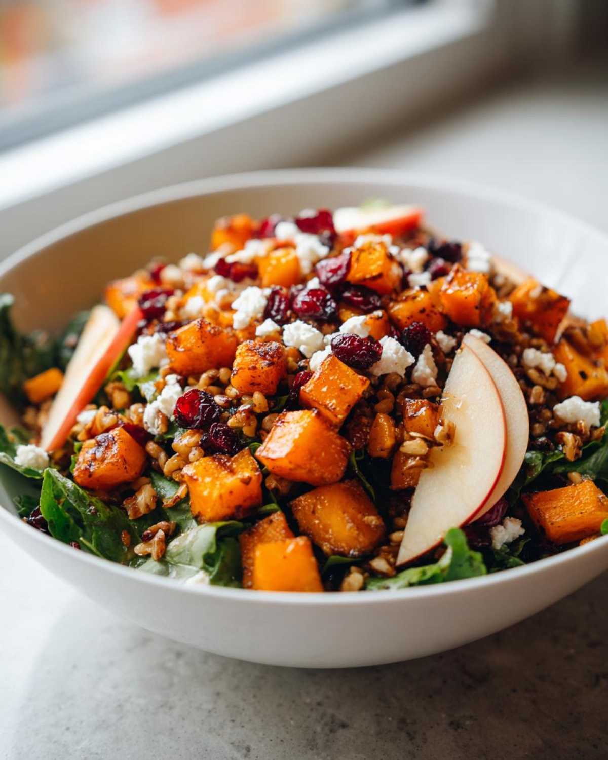 Close-up of a vibrant fall harvest salad featuring roasted butternut squash, dried cranberries, feta cheese, and apple slices.