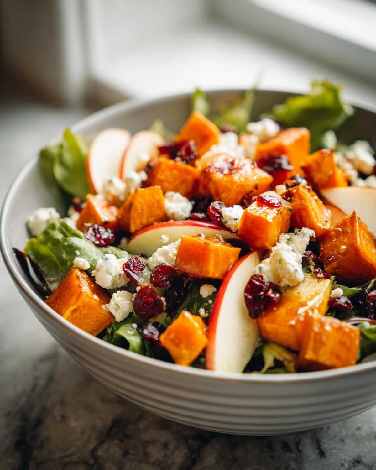 Close-up of a vibrant fall harvest salad featuring roasted squash, blue cheese crumbles, dried cranberries, and apple slices.