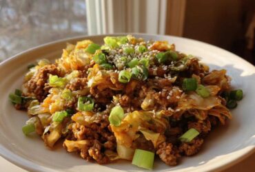 A close-up of a serving of egg roll in a bowl, featuring ground meat and cabbage topped with green onions and sesame seeds.