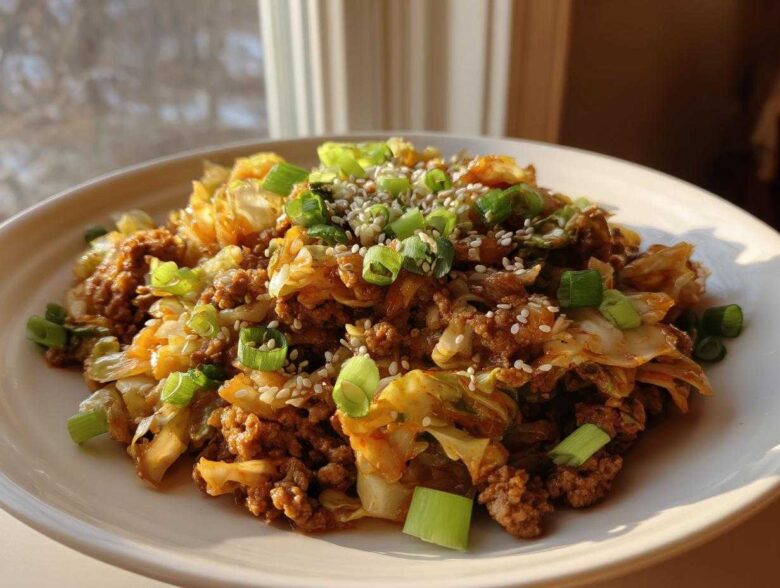 A close-up of a serving of egg roll in a bowl, featuring ground meat and cabbage topped with green onions and sesame seeds.