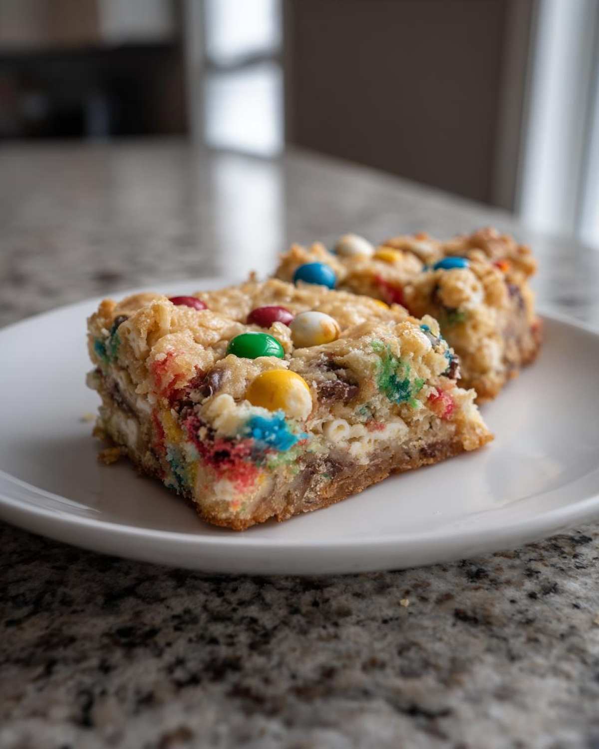 Two slices of colorful christmas cookie bars topped with bright M&Ms resting on a white plate.