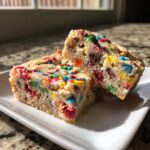 Two thick, colorful christmas cookie bars loaded with chocolate chips and M&Ms, resting on a white plate.