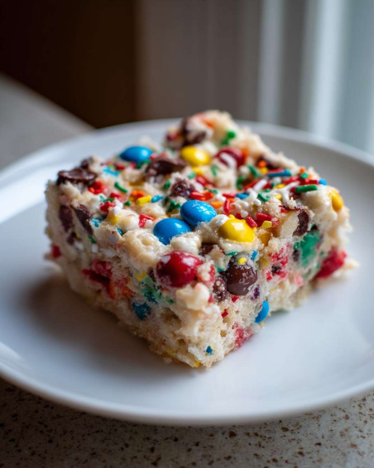 A close-up of a square slice of colorful christmas cookie bars topped with M&Ms and sprinkles.