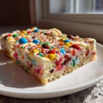 Two slices of colorful Christmas cookie bars topped with white frosting, sprinkles, and candy pieces on a white plate.
