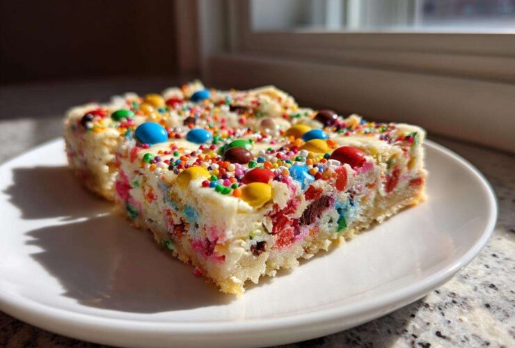 Two slices of colorful Christmas cookie bars topped with white frosting, sprinkles, and candy pieces on a white plate.
