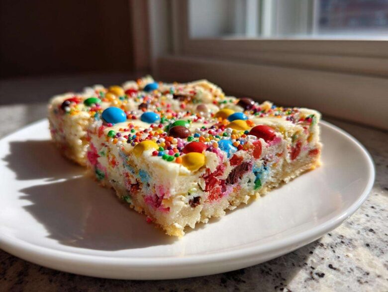 Two slices of colorful Christmas cookie bars topped with white frosting, sprinkles, and candy pieces on a white plate.