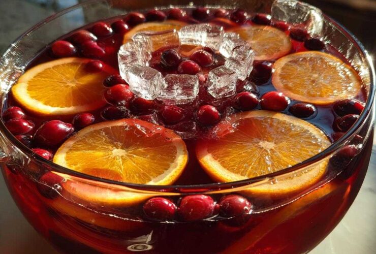 Close-up of a festive thanksgiving punch in a glass bowl, garnished with orange slices, whole cranberries, and ice cubes.