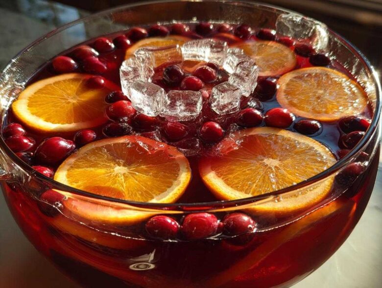 Close-up of a festive thanksgiving punch in a glass bowl, garnished with orange slices, whole cranberries, and ice cubes.