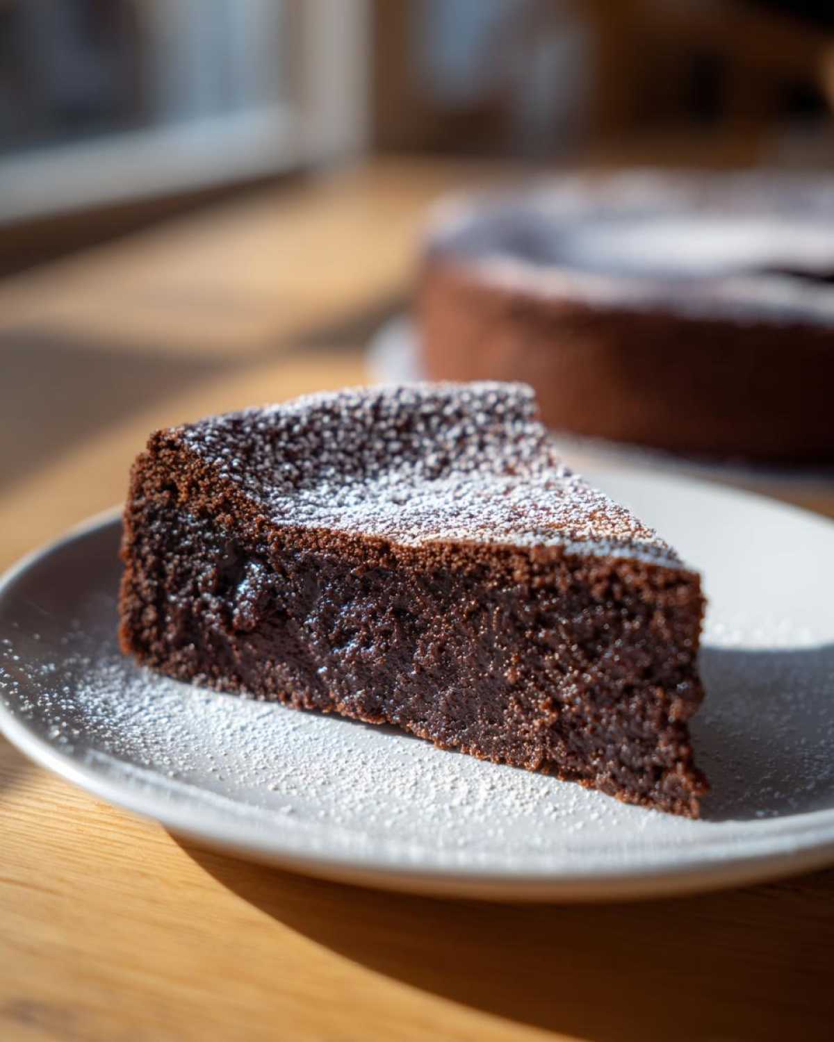 A decadent slice of flourless chocolate torte dusted with powdered sugar on a light plate.