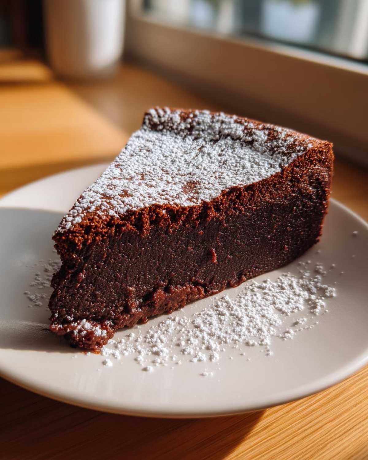 A rich, dark slice of flourless chocolate torte dusted generously with powdered sugar on a light plate.