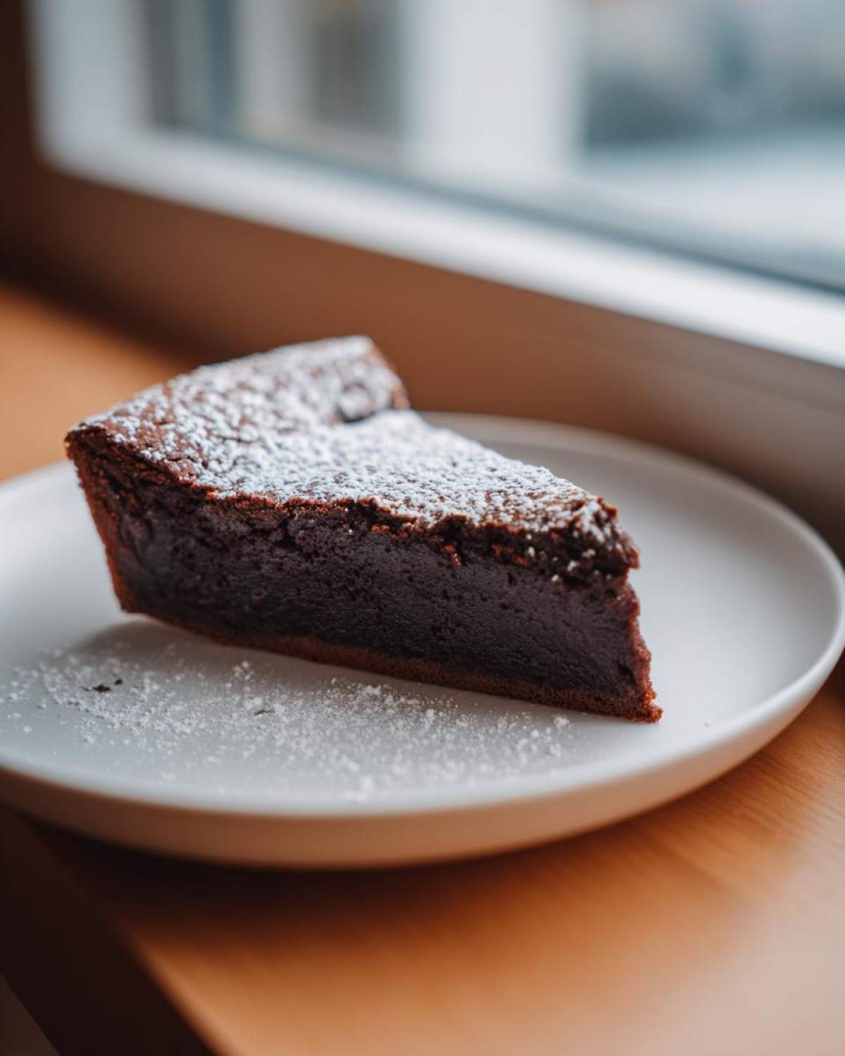 A decadent slice of flourless chocolate torte dusted with powdered sugar, served on a white plate near a window.