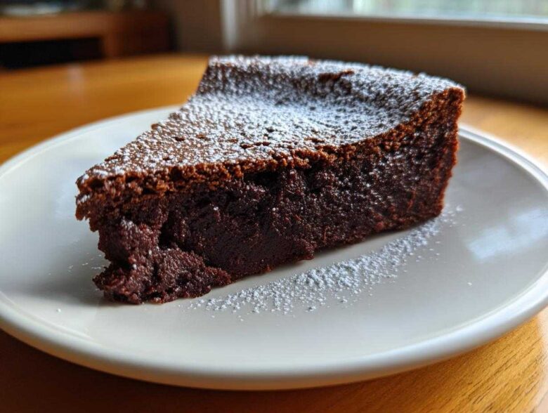A decadent slice of flourless chocolate torte, dusted lightly with powdered sugar, served on a white plate.
