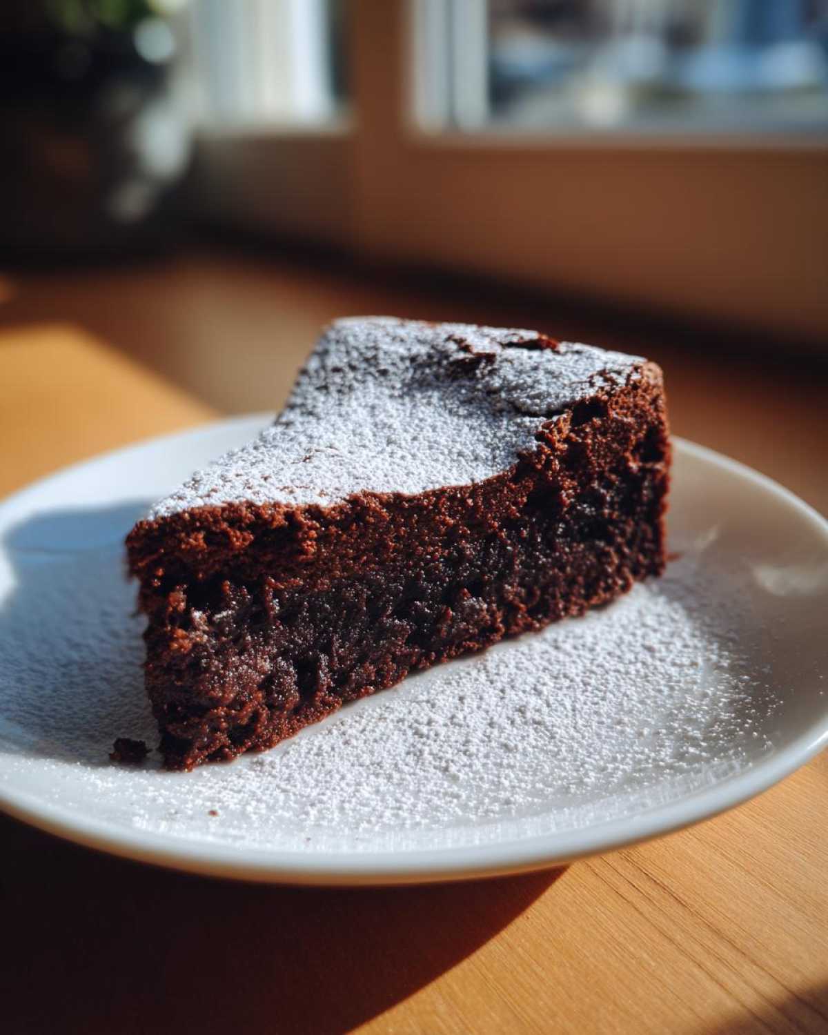 A rich, dark slice of flourless chocolate torte dusted heavily with powdered sugar on a white plate.