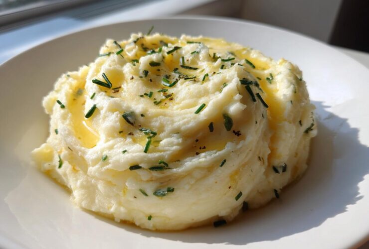 A serving of fluffy garlic mashed potatoes topped with melted butter and fresh chopped chives.