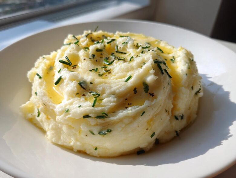 A serving of fluffy garlic mashed potatoes topped with melted butter and fresh chopped chives.