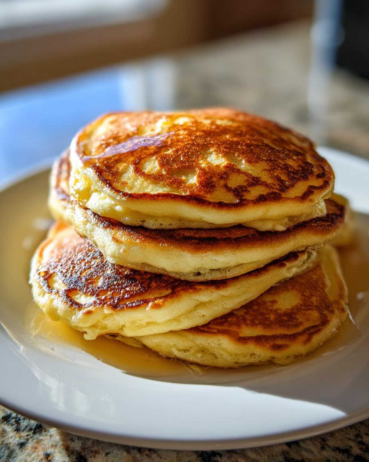 A tall stack of four fluffy pancakes drizzled with syrup on a white plate, showcasing their golden brown tops.