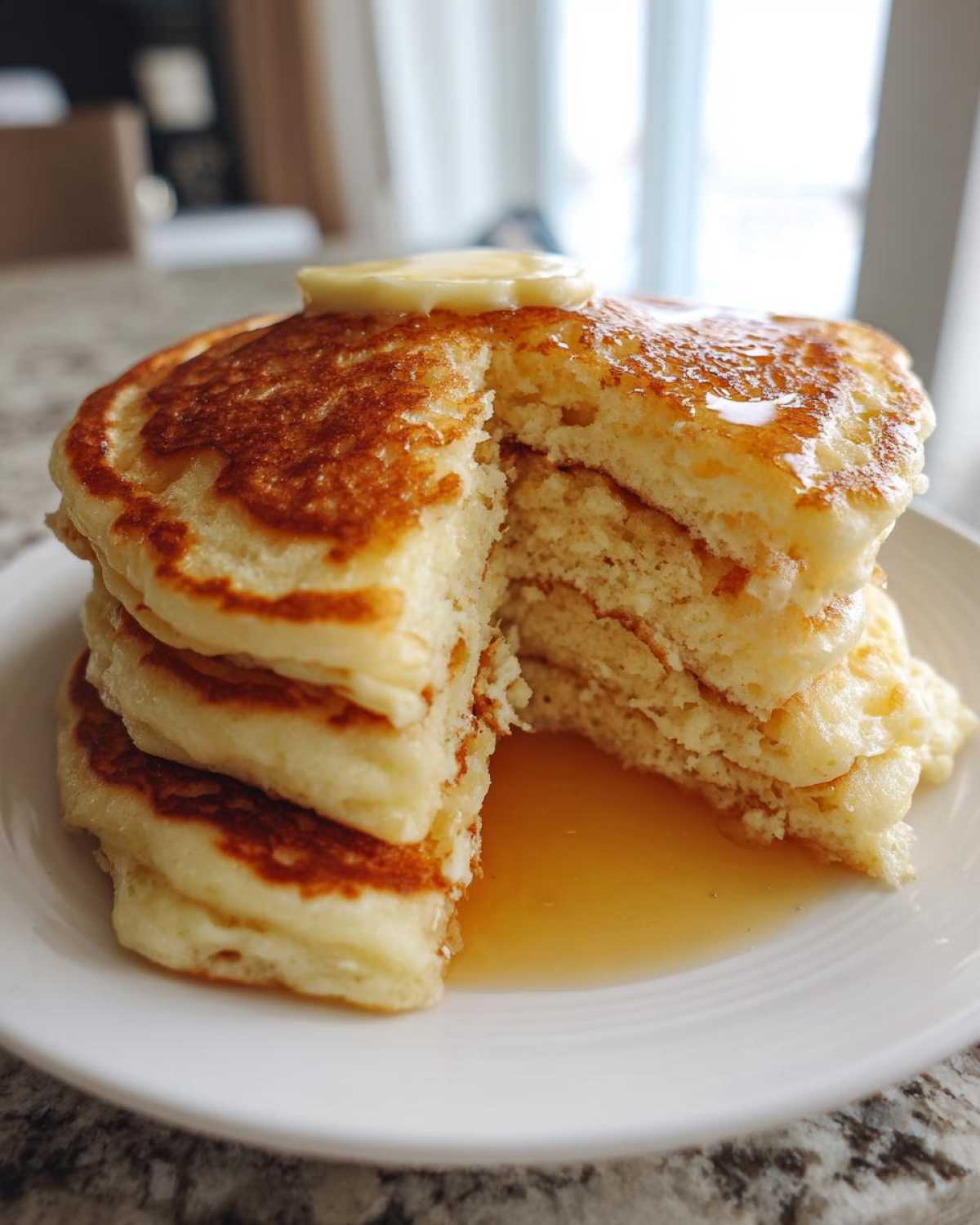 A tall stack of fluffy pancakes, cut open to show the airy interior, topped with melting butter and syrup.
