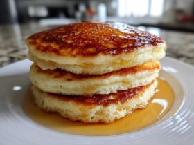 A close-up of three fluffy pancakes stacked high and generously drizzled with golden syrup.