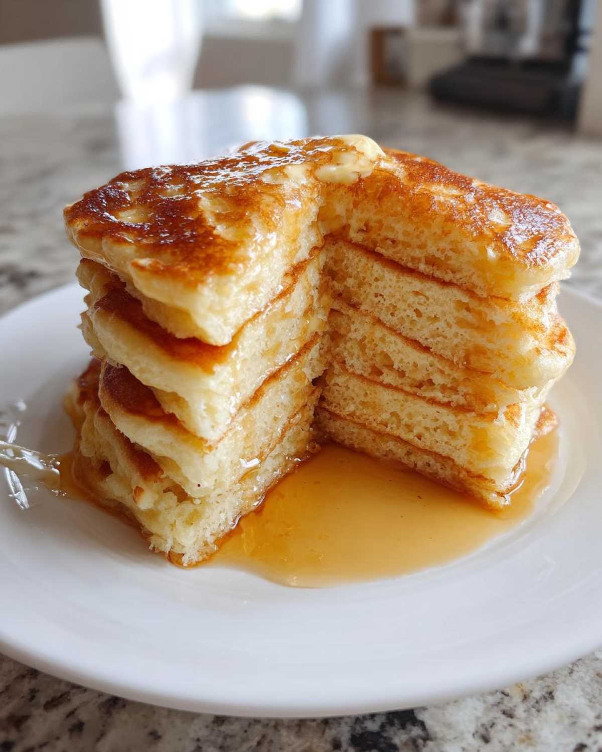 A tall stack of fluffy pancakes cut in half, topped with melting butter and drenched in syrup.