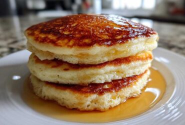 A close-up of three fluffy pancakes stacked high and generously drizzled with golden syrup.