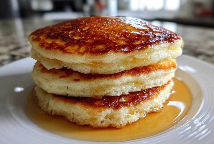 A close-up of three fluffy pancakes stacked high and generously drizzled with golden syrup.