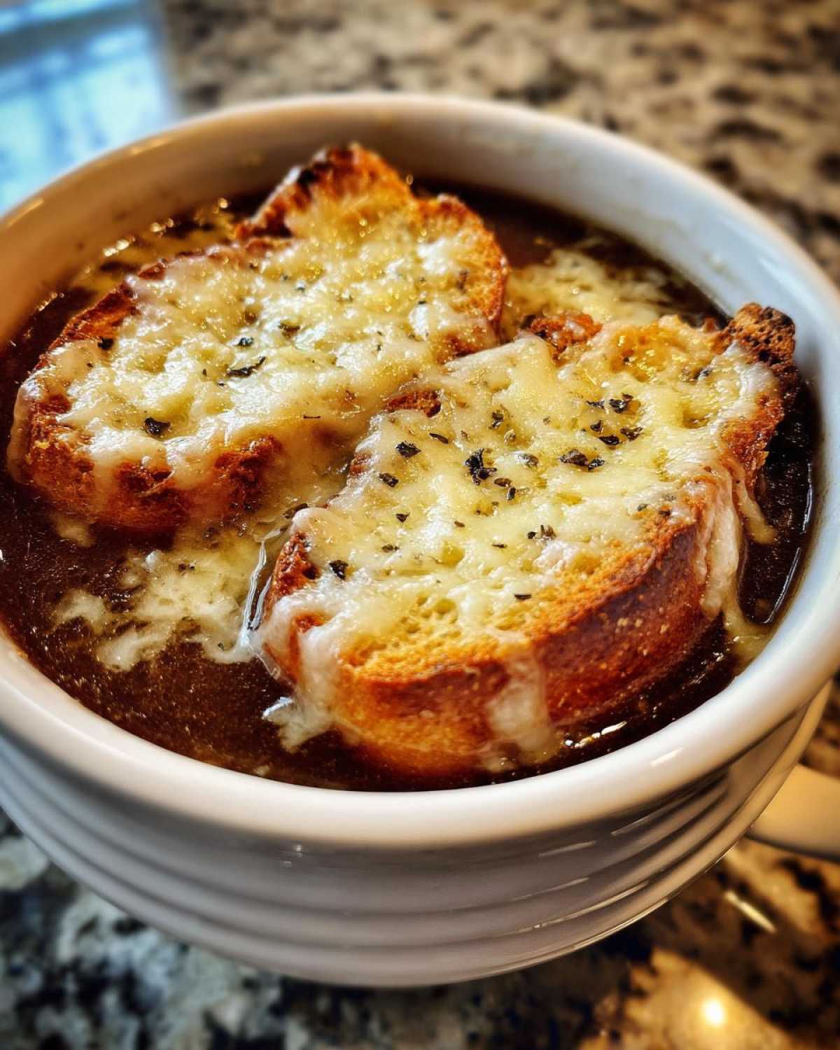 Close-up of rich French onion soup recipe topped with melted Gruyère cheese on toasted bread.