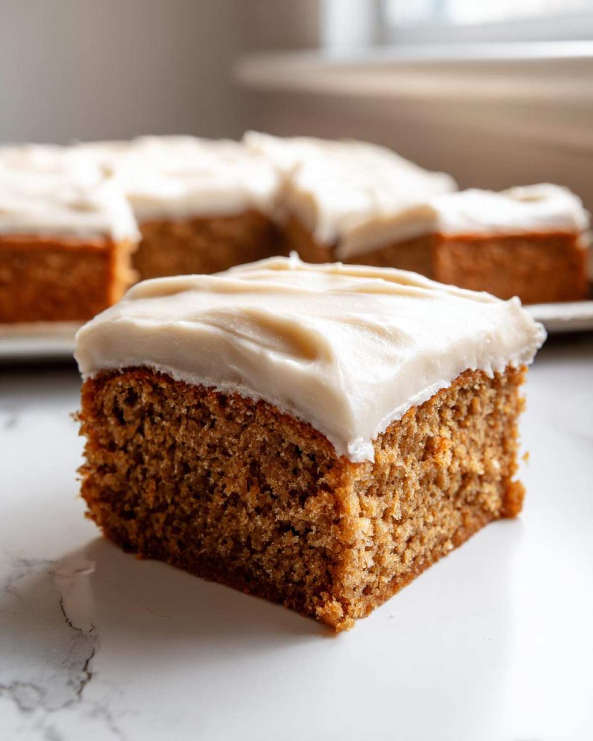 Close-up of a moist slice of applesauce cake topped with thick, creamy white frosting.