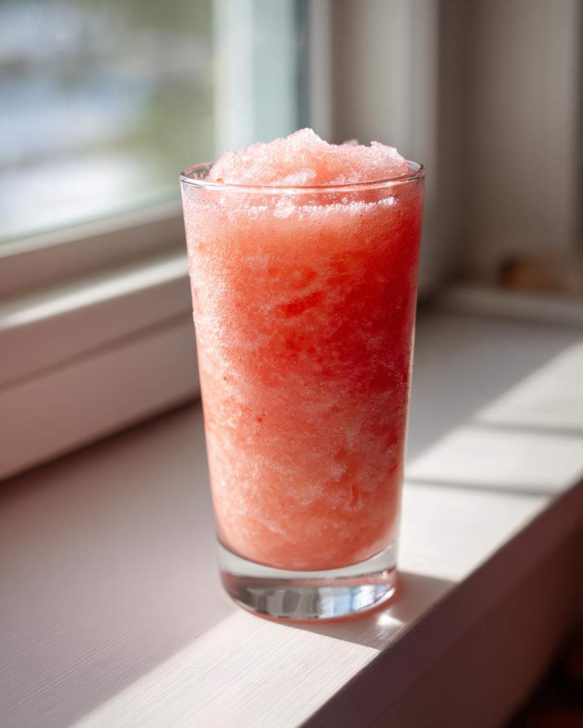 A tall glass filled with a bright pink, icy strawberry daiquiri mixture sitting on a sunlit white windowsill.