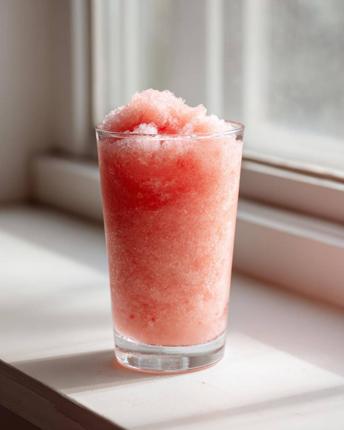 A tall glass filled with a bright pink, icy strawberry daiquiri mixture sitting on a sunlit white windowsill.