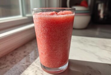 A tall glass filled with a bright red, icy strawberry daiquiri sitting on a sunlit countertop.