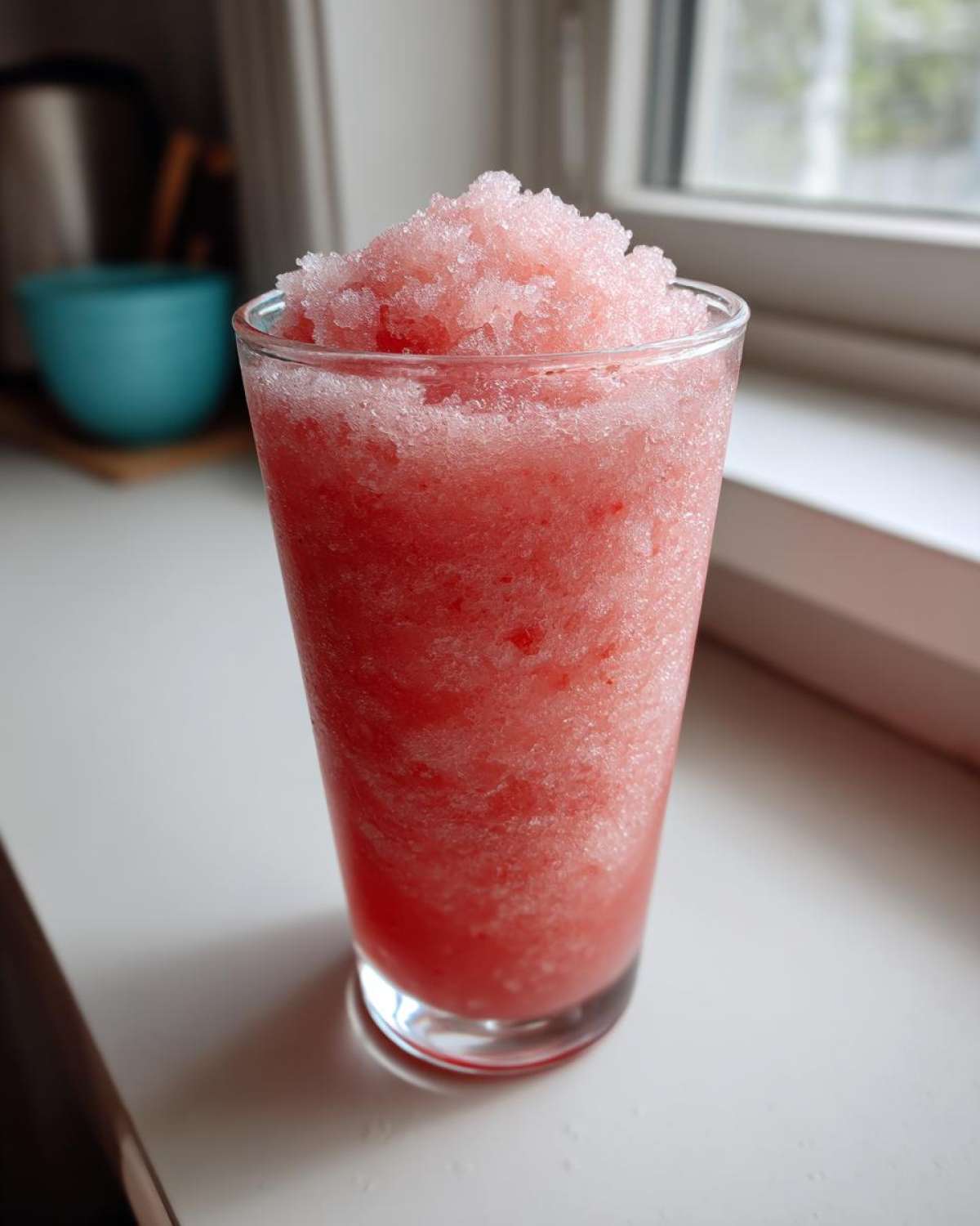A tall glass filled with a bright pink, icy strawberry daiquiri, topped with crushed ice.