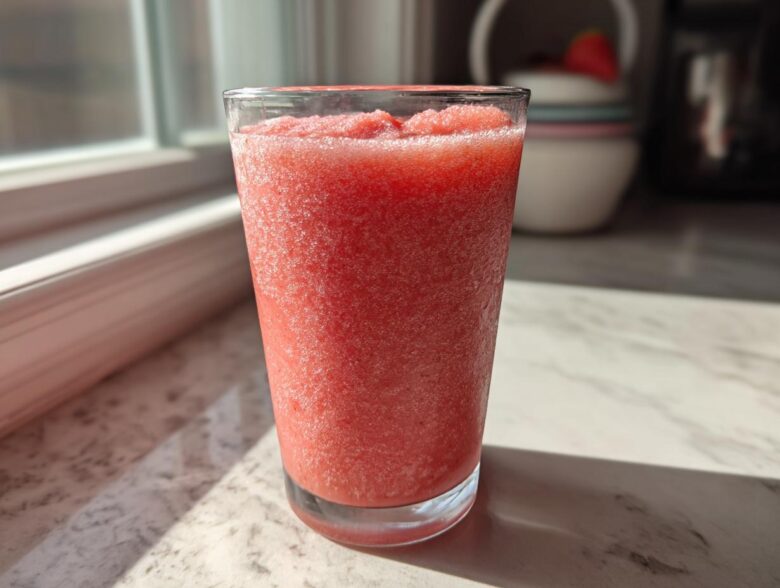 A tall glass filled with a bright red, icy strawberry daiquiri sitting on a sunlit countertop.